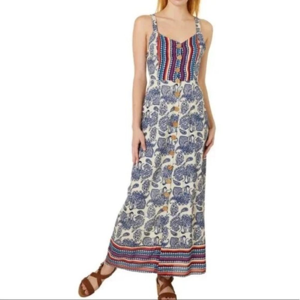 Angie Blue Boho Print Open Back Beach Maxi Dress, Small